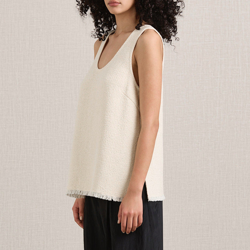 High-end Ramie Knit Women's Top Round Neck Strap Side Slit Design Fringe Sleeveless Blouse