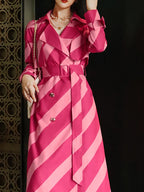High-end Contrasting Color Striped Trench Coat For Women Lapel Long Sleeve Belt Mid Length Windbreak