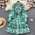 Fashion Designer Runway Dress Spring Autumn Women Long Lantern Sleeve Single Breasted Floral-Print Lace-Up Mini Dress