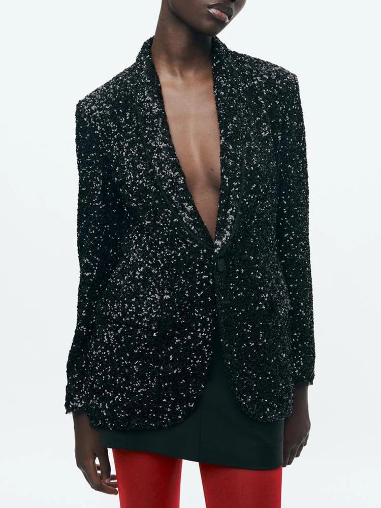 TRAF Women's Fashion Sequins Blazer V Collar Black Button Slim Jacket Autumn and Winter New Office Jacket Women's Luxury Jacket