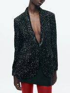 TRAF Women's Fashion Sequins Blazer V Collar Black Button Slim Jacket Autumn and Winter New Office Jacket Women's Luxury Jacket
