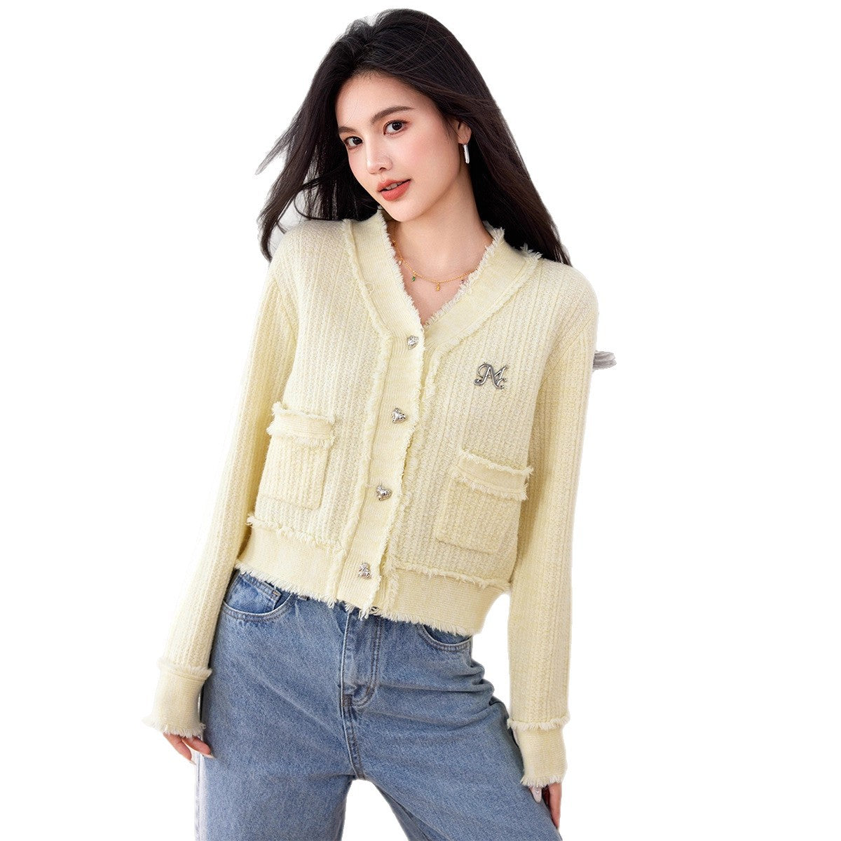 Sweater Women's Cardigan Casual Loose Long Sleeve V-Neck Knitwear Top Yellow