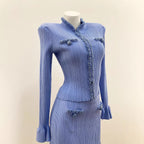 Home Mist Blue New Chinese Style Embellished Beaded Ruffle Cardigan Top and Short Skirt Set