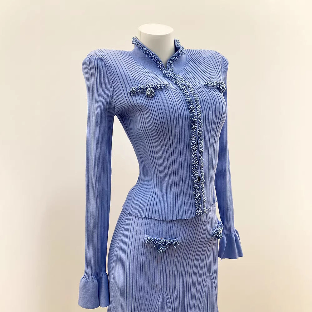 Home Mist Blue New Chinese Style Embellished Beaded Ruffle Cardigan Top and Short Skirt Set