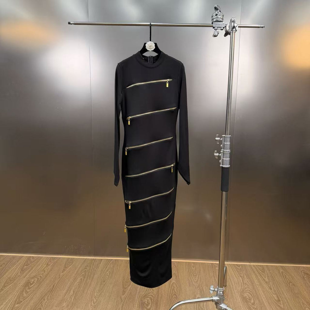 Small stand collar long sleeved multi zipper design waist cinching long dress