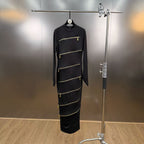 Small stand collar long sleeved multi zipper design waist cinching long dress