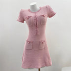 Sweet Pink Beaded Short Sleeve Fitted Mini Dress with Elegant Charm and Youthful Style