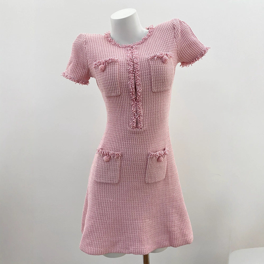 Sweet Pink Beaded Short Sleeve Fitted Mini Dress with Elegant Charm and Youthful Style