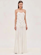 Summer New Women's Sexy Spaghetti Strap Sweet Three Dimensional Rose Flower Patchwork Chiffon Pleated Dress Long Dress