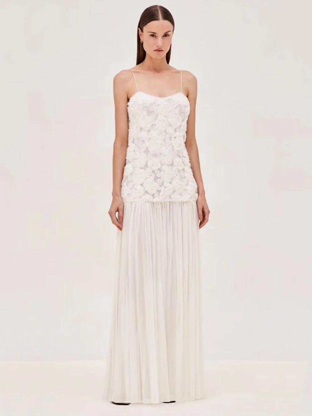 Summer New Women's Sexy Spaghetti Strap Sweet Three Dimensional Rose Flower Patchwork Chiffon Pleated Dress Long Dress