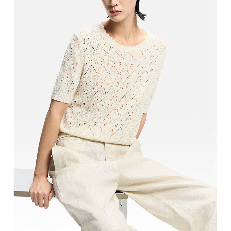 Elegant White Hollow Knit Short Sleeve Top for Women, Fashionable Lightweight and Breathable T-Shirt