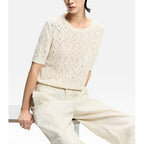 Elegant White Hollow Knit Short Sleeve Top for Women, Fashionable Lightweight and Breathable T-Shirt