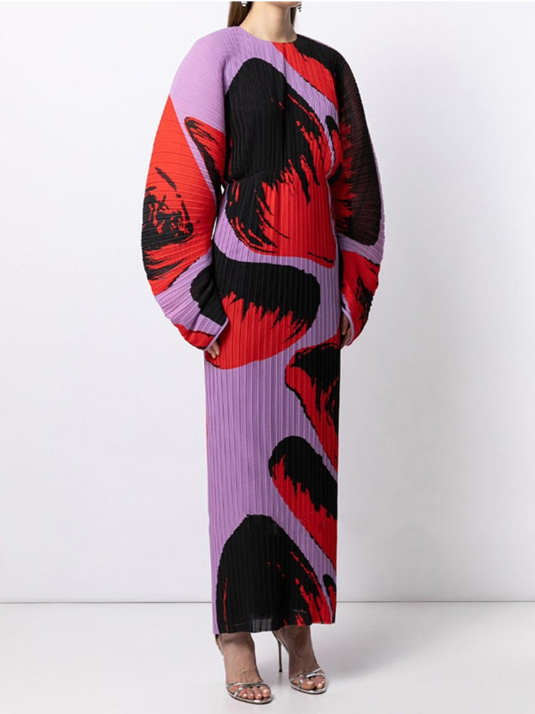 Pleated Hand Painted Long Dress New Spring Summer Loose Women Long Sleeves Designer Elegant Fashion Clothes