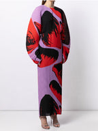Pleated Hand Painted Long Dress New Spring Summer Loose Women Long Sleeves Designer Elegant Fashion Clothes