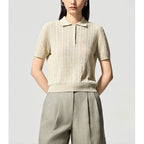 Vintage Preppy Style Polo Neck Linen Knit Short Sleeve Top for Women, Lightweight Spring/Summer Wear