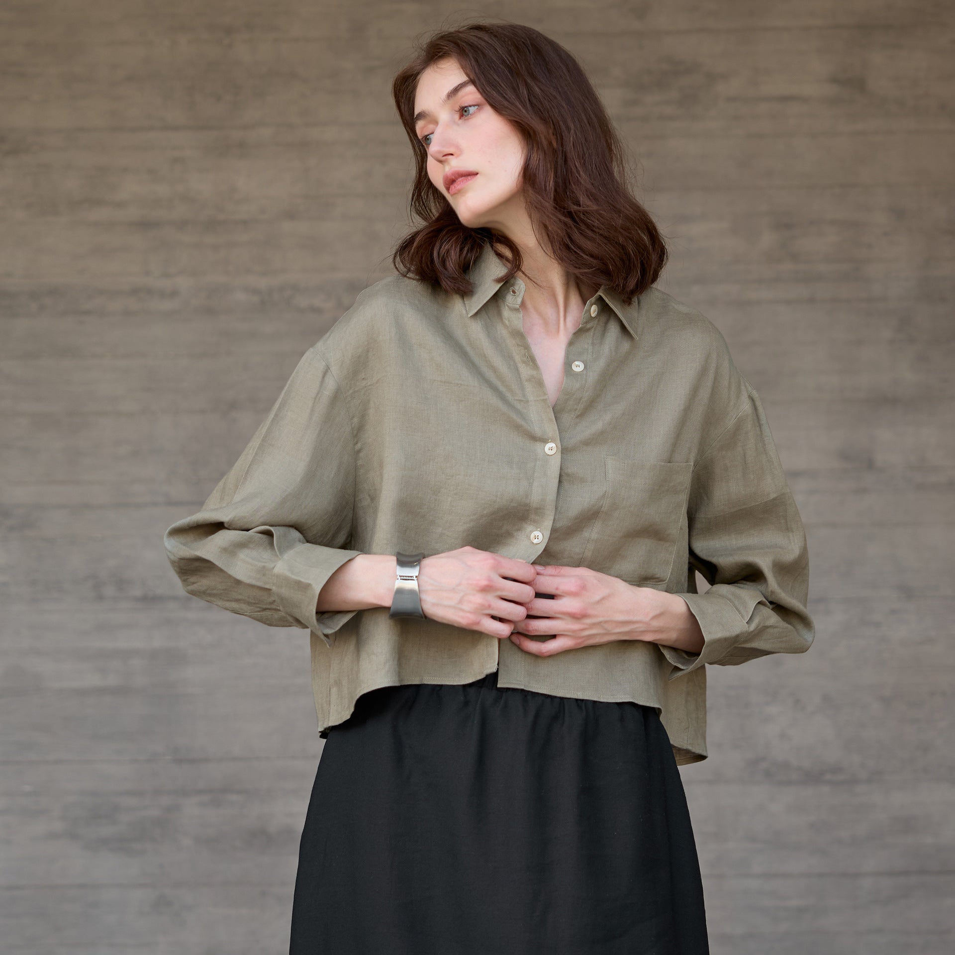 Pure Linen Long Sleeve Short Length Women's Commuter Style Solid Color Loose Cardigan Top French Chic Blouse