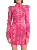 HIGH STREET Runway Fall Designer Women's Long Sleeve Monogram Jacquard Knit Dress