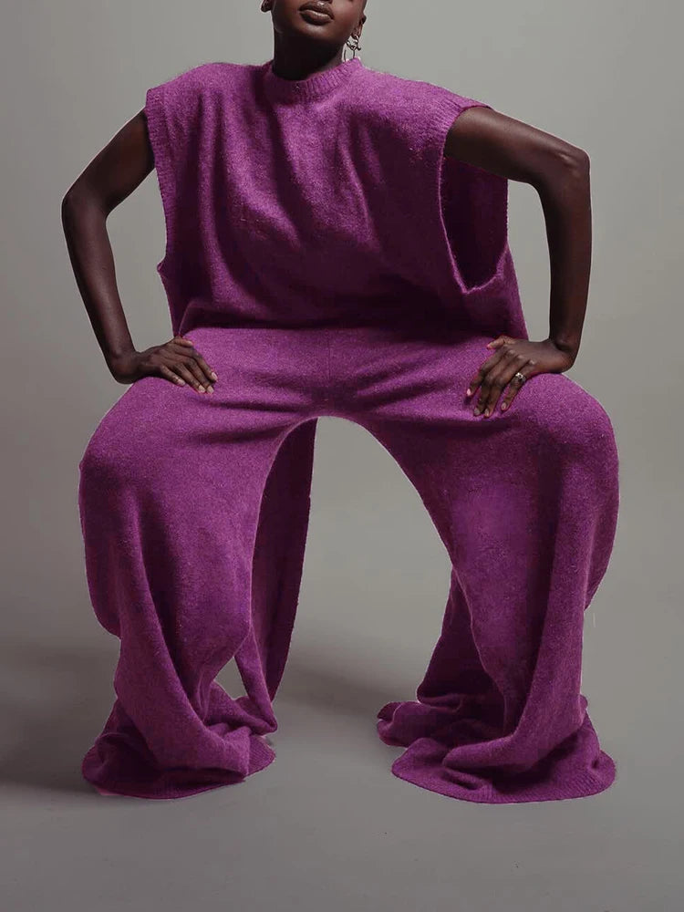 Women's fashionable and casual set consisting of a solid-color round-neck knitted top with a slit design and high-waisted straight-leg long pants