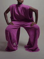 Women's fashionable and casual set consisting of a solid-color round-neck knitted top with a slit design and high-waisted straight-leg long pants