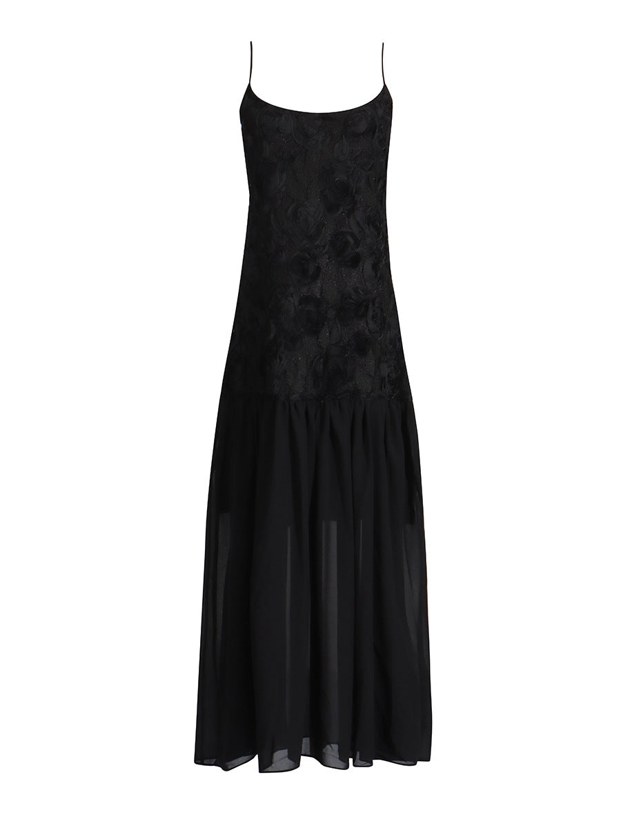 Summer New Women's Sexy Spaghetti Strap Sweet Three Dimensional Rose Flower Patchwork Chiffon Pleated Dress Long Dress