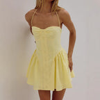 Summer Women's Spicy Sexy Halter Neck Yellow Summer Mini Dress Slim Backless Waist-Cinching Design Sense