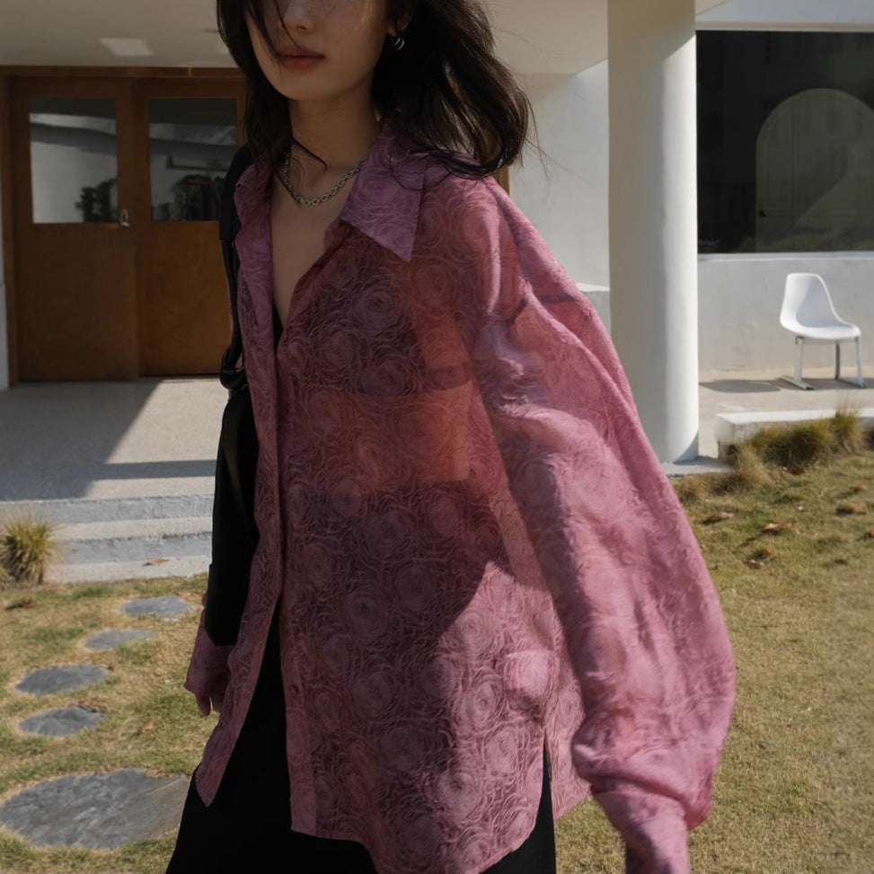 Fashionable Embossed Design Sheer Sun Protection Shirt for Women Loose-Fit Long Sleeve Blouse Summer Stylish Top