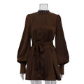 Elegant Satin Lantern Sleeve Loose Tie-Waist Dress