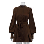 Elegant Satin Lantern Sleeve Loose Tie-Waist Dress