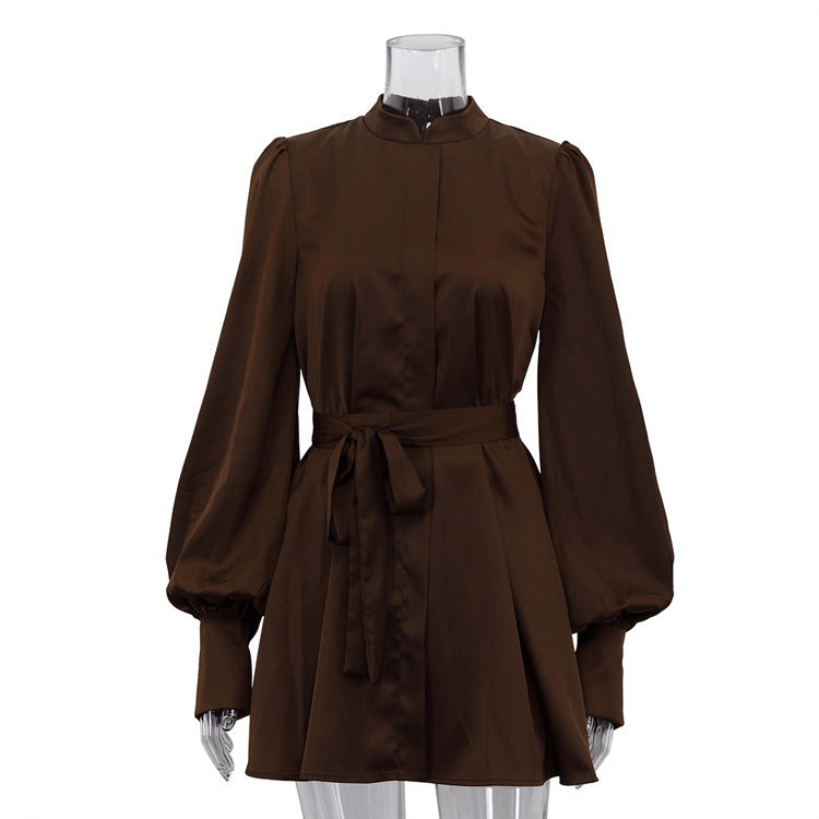 Elegant Satin Lantern Sleeve Loose Tie-Waist Dress