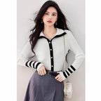 Fashionable Stripe Spliced Color-Blocking Knit Cardigan for Women, French Style Top, Casual Wear