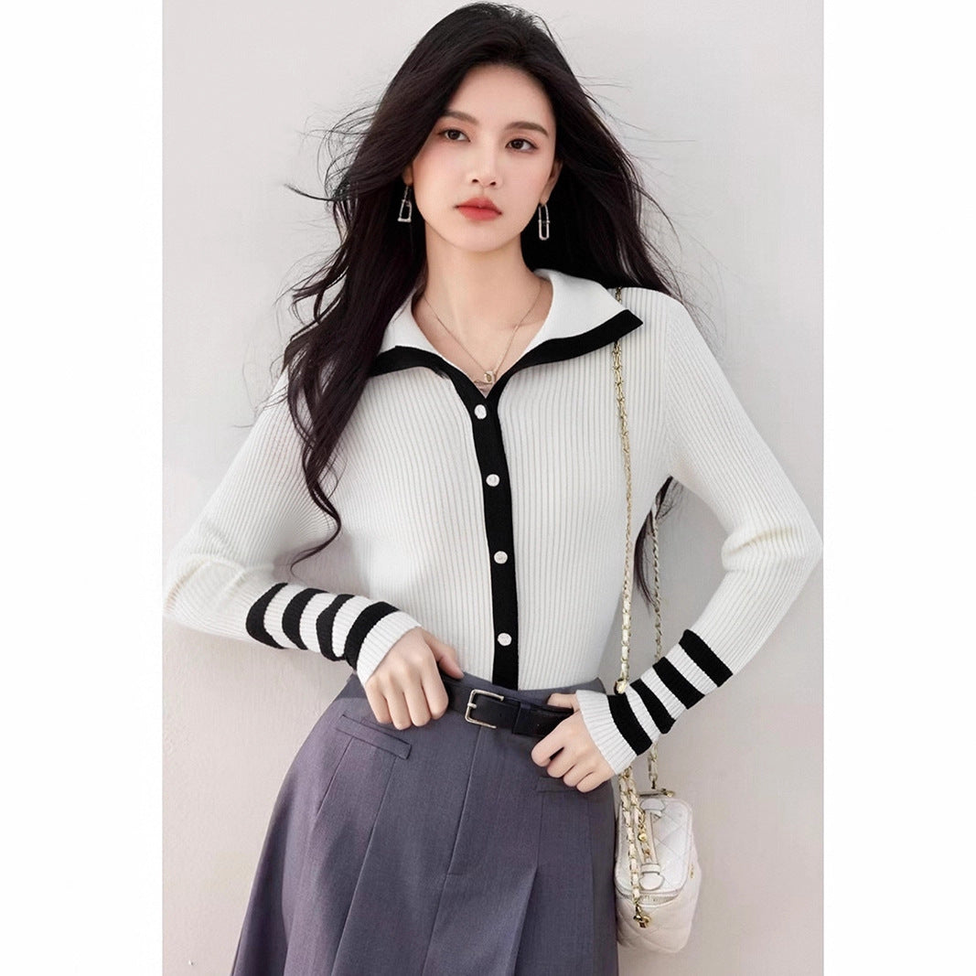 Fashionable Stripe Spliced Color-Blocking Knit Cardigan for Women, French Style Top, Casual Wear