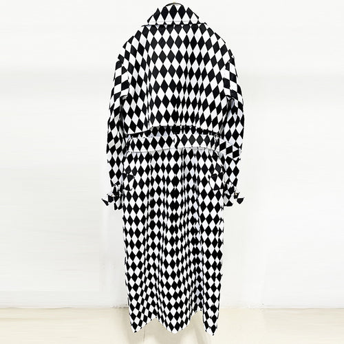 Autumn and Winter New European and American Fashion Black and White Diamond Grid Diamond Grid Diamond Grid Belt Extended Windbreaker Coat