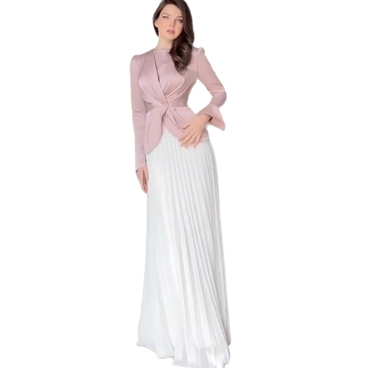 Elegant Color-Blocked Suit Dress for Women, Long Sleeve, Autumn Fashion, Pleated Design