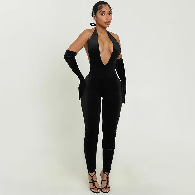 Sexy Solid Color Elegant Halter Neck Fitted Deep V-Neck Backless Jumpsuit for Women