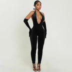 Sexy Solid Color Elegant Halter Neck Fitted Deep V-Neck Backless Jumpsuit for Women