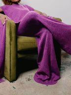 Women's fashionable and casual set consisting of a solid-color round-neck knitted top with a slit design and high-waisted straight-leg long pants