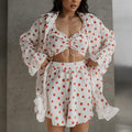 Cotton Sleepwear Set with Floral Print, Ruffled Trim, Long Sleeve Top Short Pants, Three-Piece Sweet Women's Loungewear