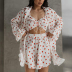 Cotton Sleepwear Set with Floral Print, Ruffled Trim, Long Sleeve Top Short Pants, Three-Piece Sweet Women's Loungewear
