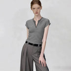 Short Sleeve T-Shirt Versatile Slim Fit  Gray V-Neck Sexy Knit Top