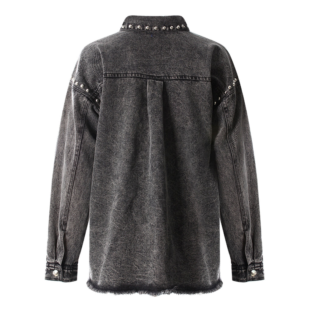 Women's Black Gray Denim Shirt Lapel Loose Grinding The Hem Rivet Long Sleeves Blouse