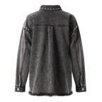 Women's Black Gray Denim Shirt Lapel Loose Grinding The Hem Rivet Long Sleeves Blouse