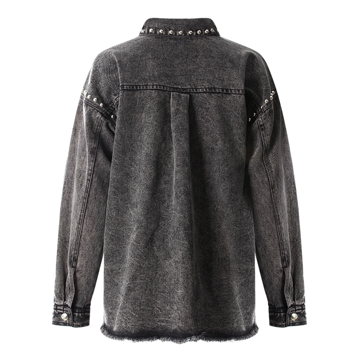 Women's Black Gray Denim Shirt Lapel Loose Grinding The Hem Rivet Long Sleeves Blouse