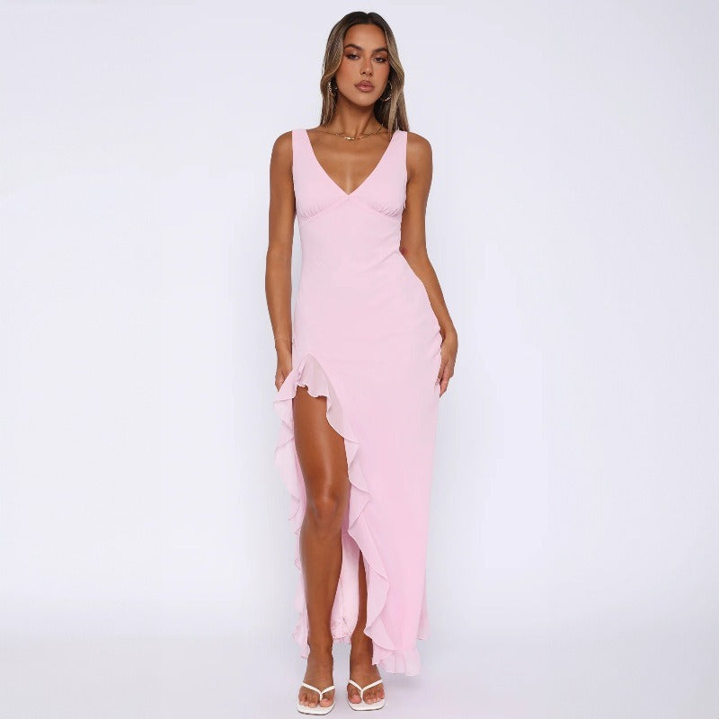Fashionable V-neck sleeveless black fungus edge slit backless dress