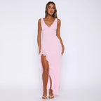 Fashionable V-neck sleeveless black fungus edge slit backless dress