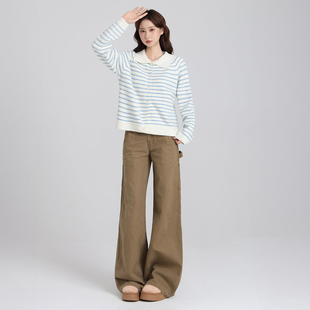 Polo Collar Striped Long Sleeve Knit Cardigan Coat