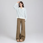 Polo Collar Striped Long Sleeve Knit Cardigan Coat