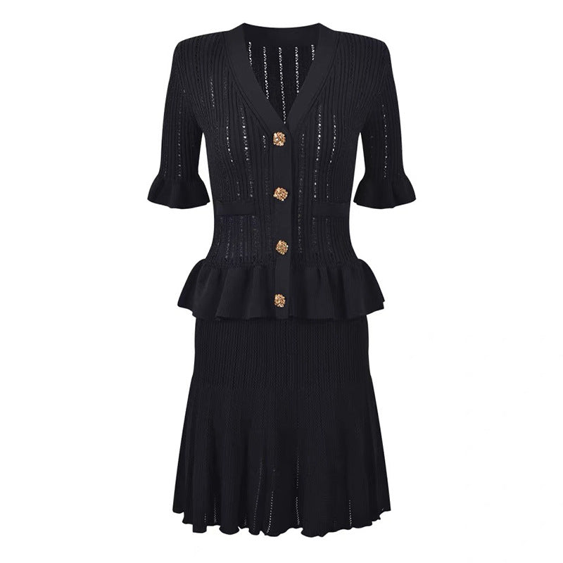Chic Knit Dress for Women with Hollow Lace-Up Ruffle Two-Piece Design Classic Black Elegant Style