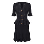 Chic Knit Dress for Women with Hollow Lace-Up Ruffle Two-Piece Design Classic Black Elegant Style