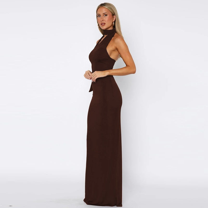 Solid Color Sleeveless Asymmetrical Neckline Ribbon Backless Long Dress