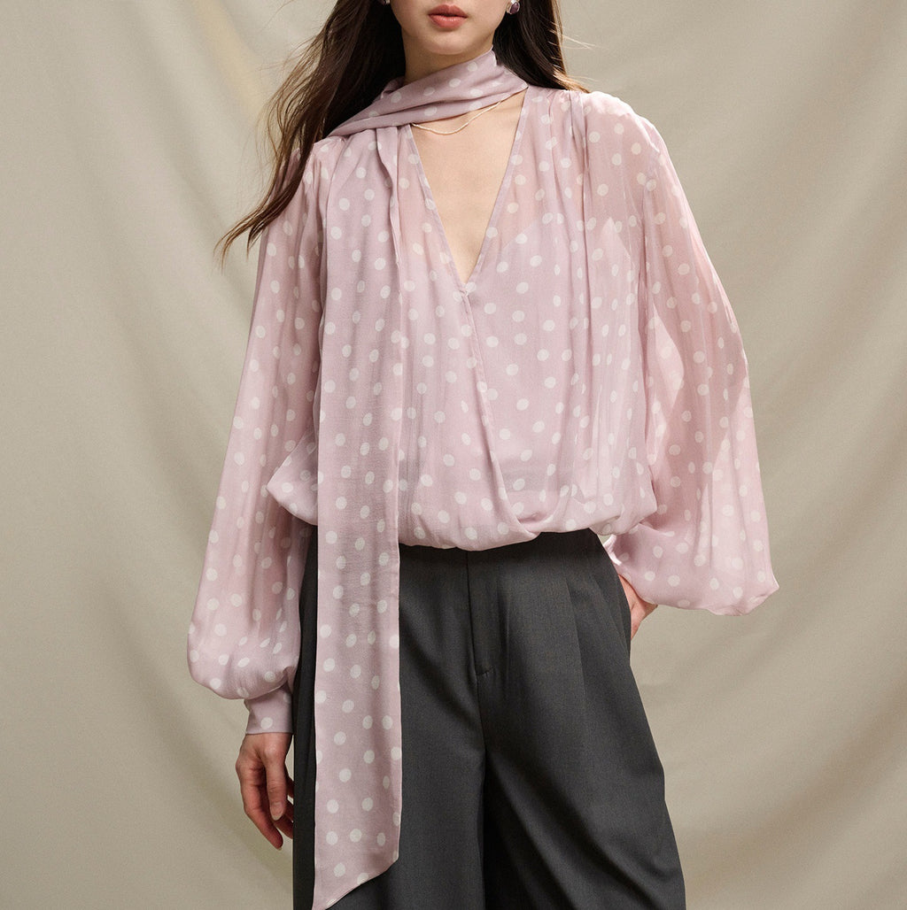 Lightweight Chiffon Printed Polka Dot Ribbon Sun Protection Shirt Long Sleeve Breathable Cooling Feel Blouse